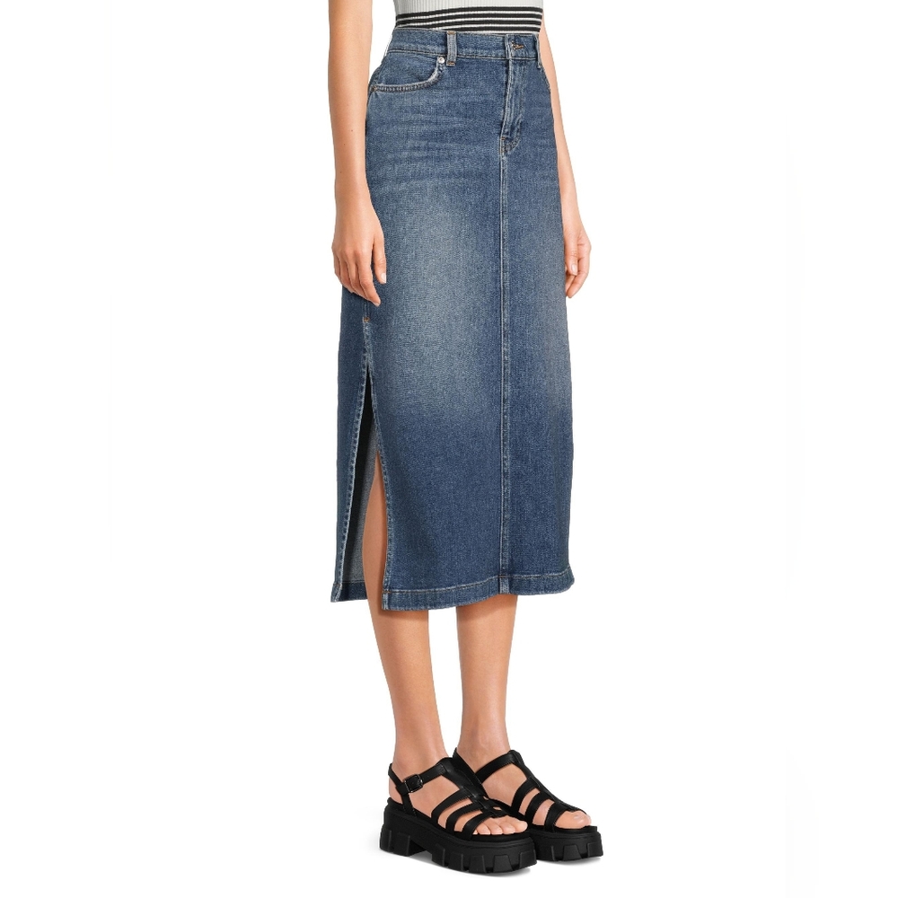 7 For All Mankind Size 24 Or 25 Whiskered Midi Blue Denim Skirt With Side Slits